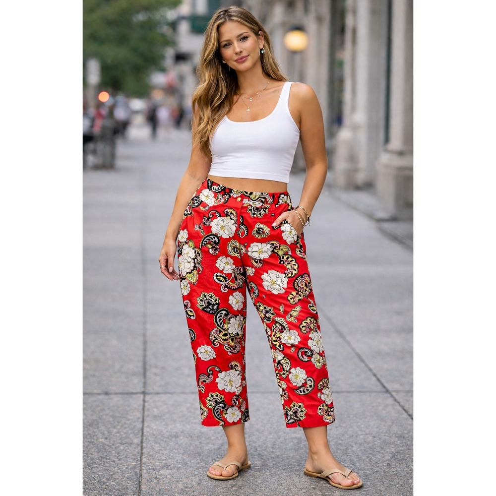 Island Republic Pants Womens 14 Red Floral Paisley Ankle‎ Tapered Cotton Stretch